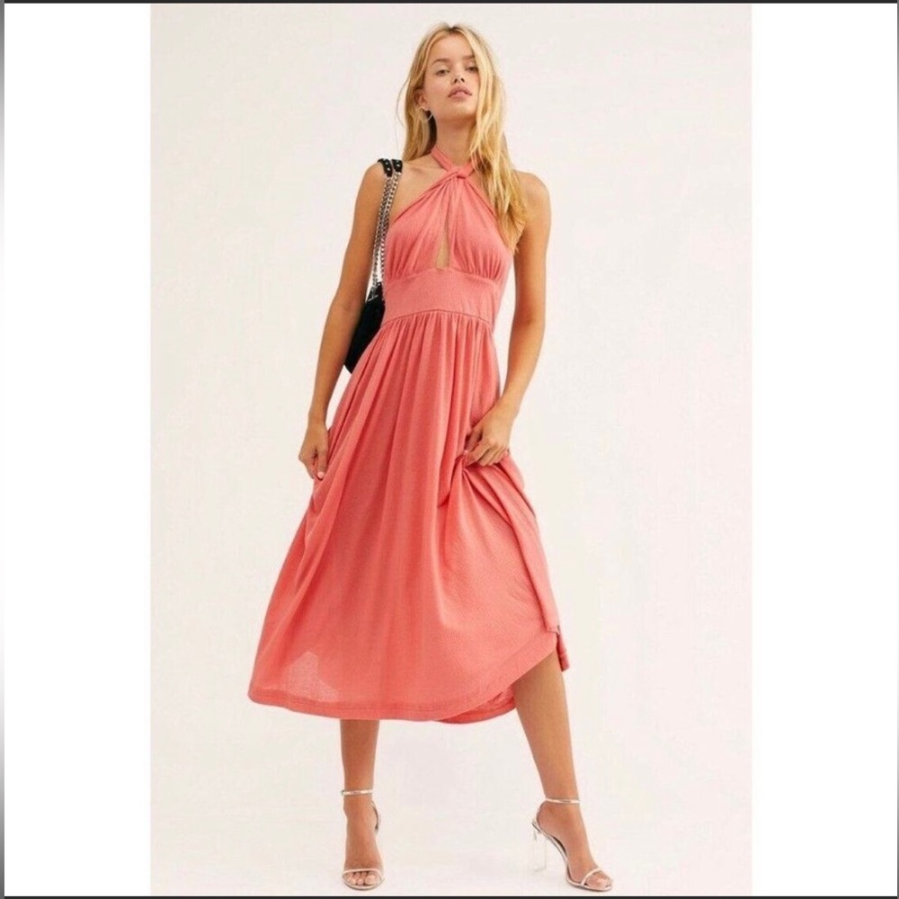 NEW FREE PEOPLE FP BEACH Sz S BONITA TEXTURED HALTER MIDI
DRESS PRAIRIE ROSE